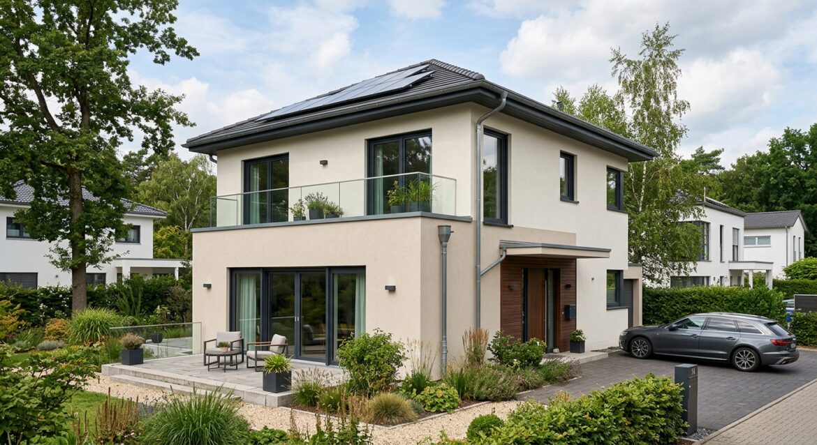 PVC Fenster Farben – anthrazitgraue Kunststofffenster an moderner Hausfassade