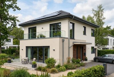 PVC Fenster Farben – anthrazitgraue Kunststofffenster an moderner Hausfassade