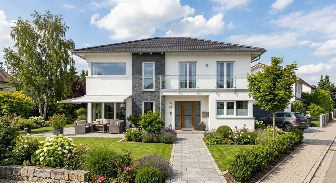 PVC Fenster kaufen – Haus mit großen weißen Kunststofffenstern an schöner Fassade