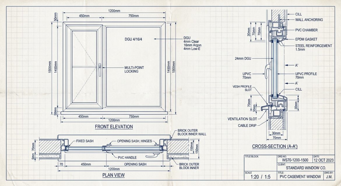 PVC Fenster Maße – technische Zeichnung mit Standardmaßen für Kunststofffenster