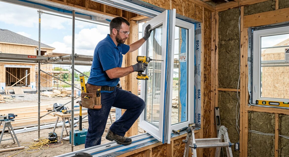 PVC Fenster montieren – Fachmann setzt Kunststofffenster in Maueröffnung ein