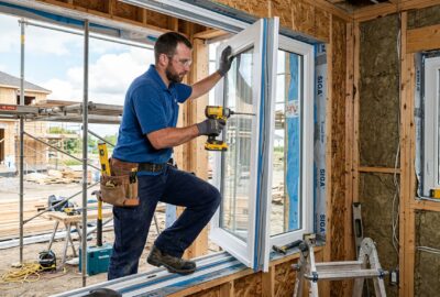 PVC Fenster montieren – Fachmann setzt Kunststofffenster in Maueröffnung ein