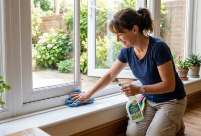 PVC Fenster Pflege – Rahmen mit Reinigungsspray und Tuch sauber wischen